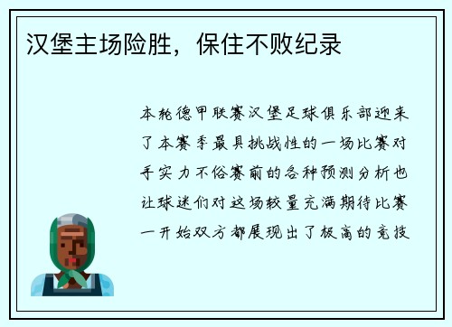 汉堡主场险胜，保住不败纪录